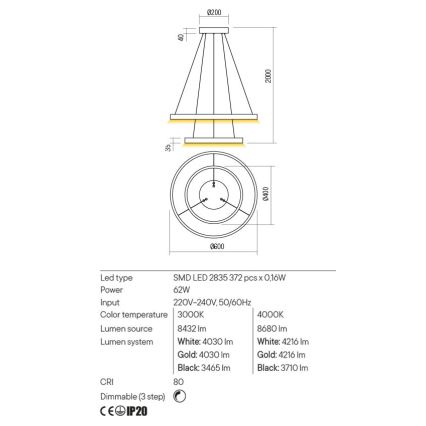 Redo 01-2889 - Lampadario a sospensione con filo LED dimmerabile FEBE LED/62W/230V oro