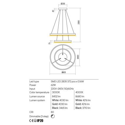 Redo 01-2889 - Lampadario sospeso dimmerabile a cavo FEBE LED/62W/230V dorato