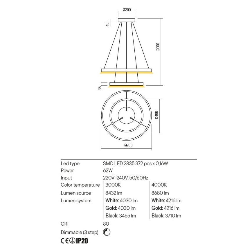 Redo 01-2889 - Lampadario sospeso dimmerabile a cavo FEBE LED/62W/230V dorato