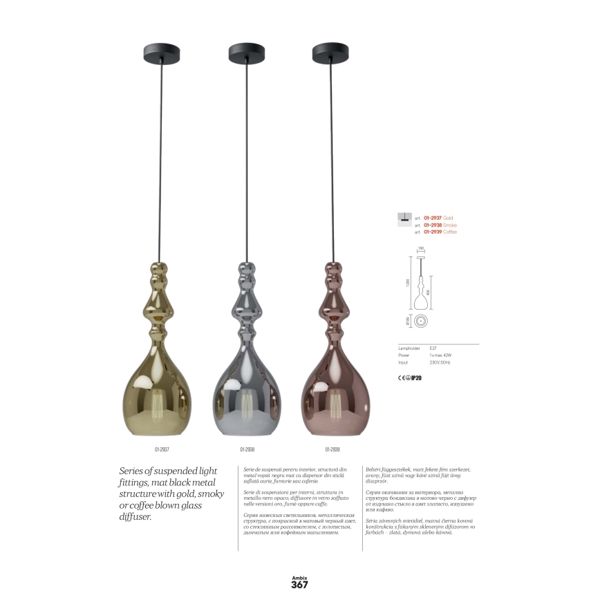 Redo 01-2939 - Lampadario a sospensione AMBIX 1xE27/42W/230V Ø 18 cm marrone
