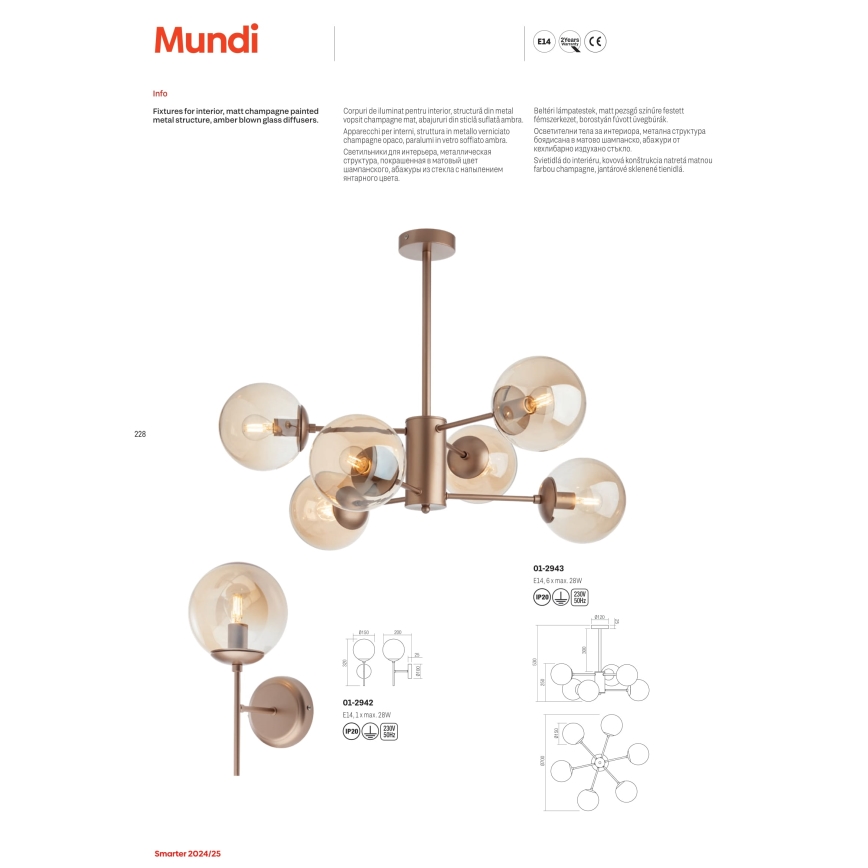 Redo 01-2943 - Lampadario a stelo MUNDI 6xE14/28W/230V rame/fumé