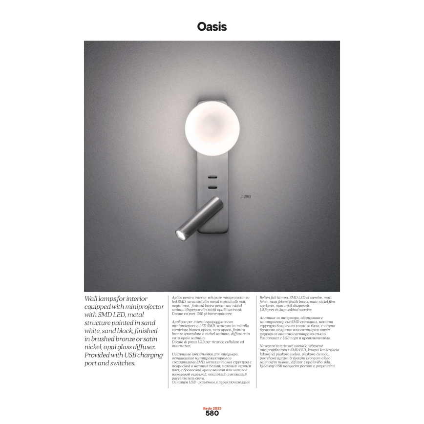Redo 01-2993 - Applique da parete LED OASIS LED/3W/230V + 1xG9/10W USB CRI 90 cromo lucido