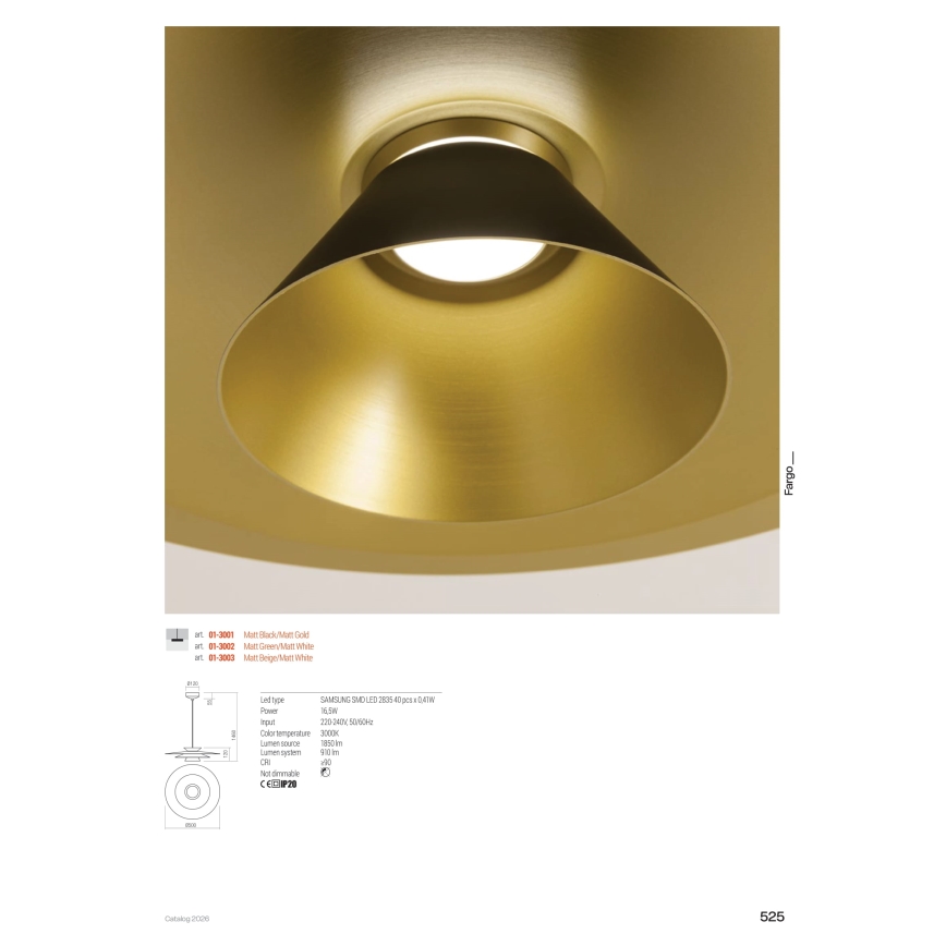 Redo 01-3001 - Lampadario a sospensione con cavo FARGO LED/16,5W/230V CRI 90 Ø 50 cm nero/oro