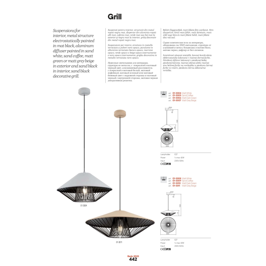 Redo 01-3006 - Lampadario a cavo GRILL 1xE27/42W/230V Ø 39,6 cm nero/turchese