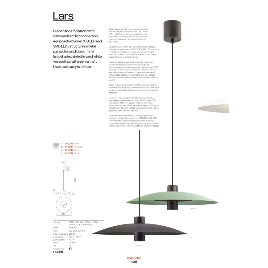 Redo 01-3018 - Lampadario a sospensione con cavo LARS LED/14W/230V + LED/10W Ø 60 cm CRI 90 bianco