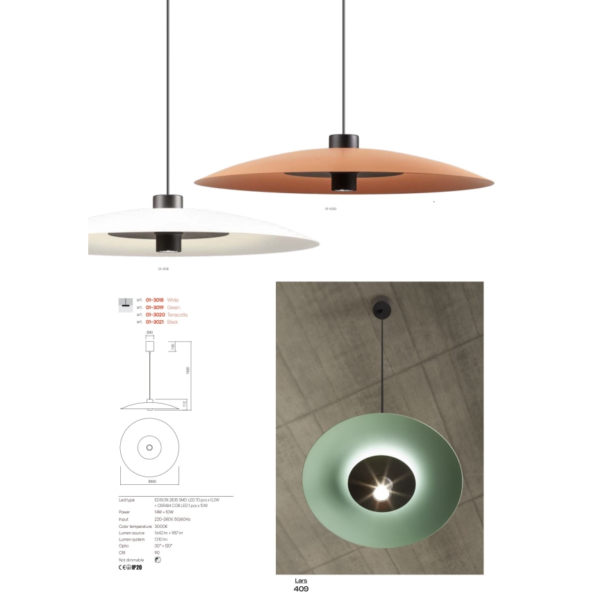 Redo 01-3018 - Lampadario a sospensione con cavo LARS LED/14W/230V + LED/10W Ø 60 cm CRI 90 bianco