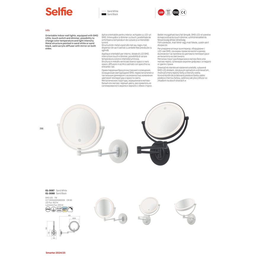 Redo 01-3088 - LED Dimmerabile touch Specchio cosmetico SELFIE LED/7W/230V 3000/4000/6000K nero