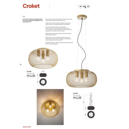 Redo 01-3139 - Plafoniera CROKET 3xE27/42W/230V diametro 40 cm oro