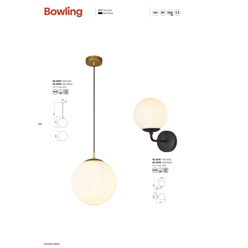 Redo 01-3153 - Lampadario a sospensione con filo BOWLING 1xE27/42W/230V oro