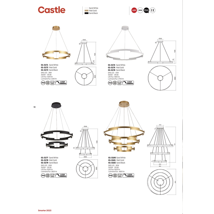 Redo 01-3181 - Lampadario a sospensione con filo LED dimmerabile CASTLE LED/80W/230V oro