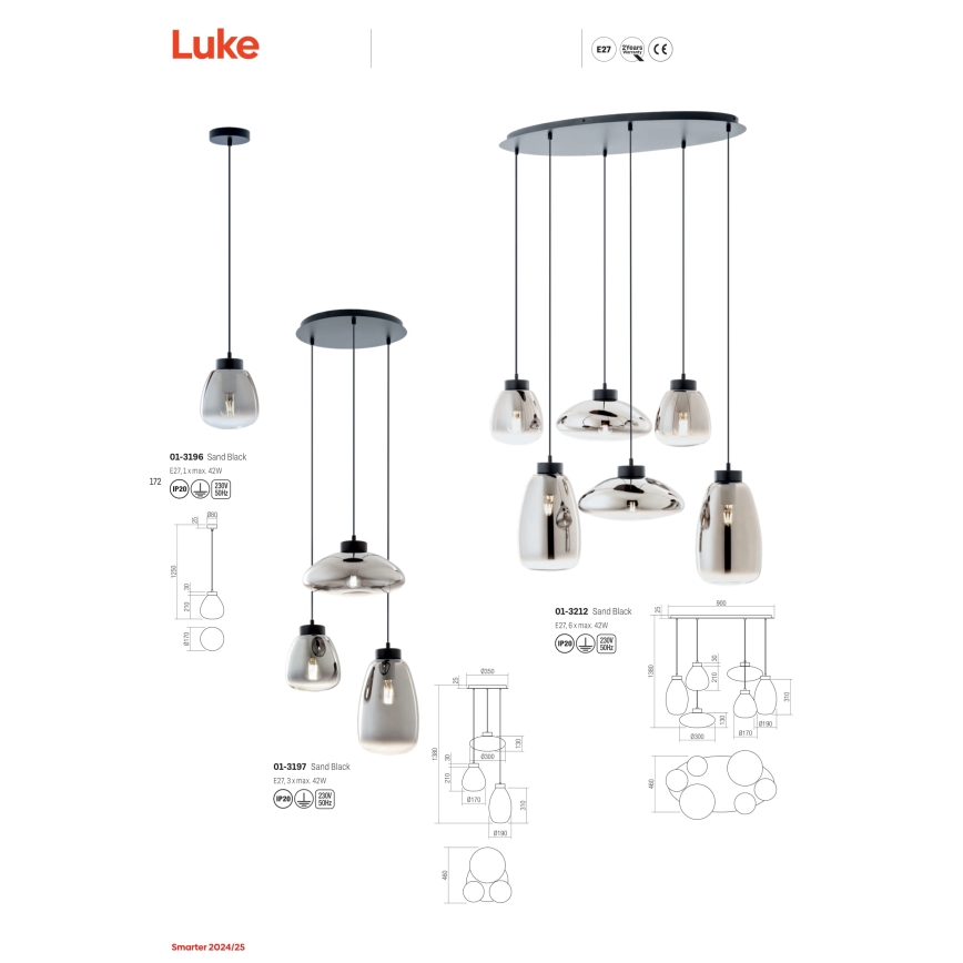 Redo 01-3196 - Lampadario a sospensione con filo LUKE 1xE27/42W/230V diametro 17 cm nero