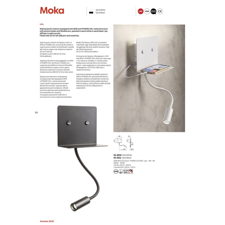 Redo 01-3211 - Applique a LED con un flexible piccolo lampada MOKA LED/6W + LED/3W/230V USB CRI90 nero