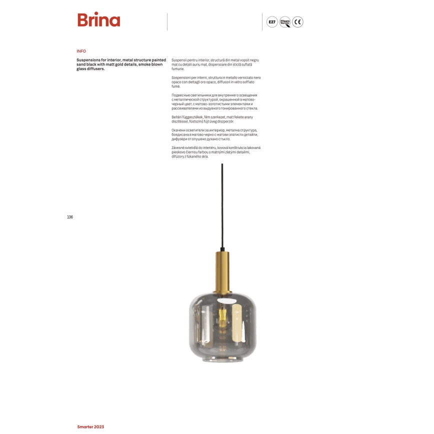 Redo 01-3215 - Lampadario a sospensione con filo BRINA 6xE27/23W/230V