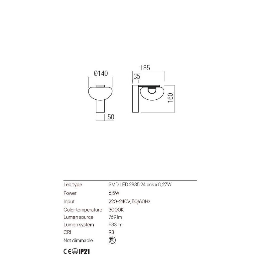 Redo 01-3242 - Applique a LED SINCLAIR LED/6,5W/230V CRI 93 IP21 nero