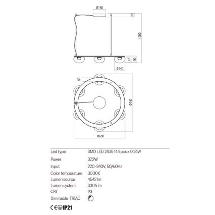 Redo 01-3247- Lampadario a sospensione con filo LED dimmerabile SINCLAIR LED/37,2W/230V CRI 93 IP21 oro