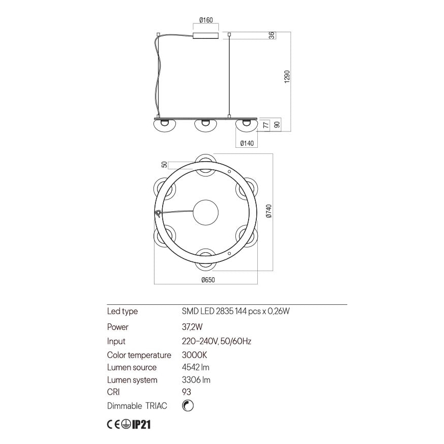 Redo 01-3247- Lampadario a sospensione con filo LED dimmerabile SINCLAIR LED/37,2W/230V CRI 93 IP21 oro