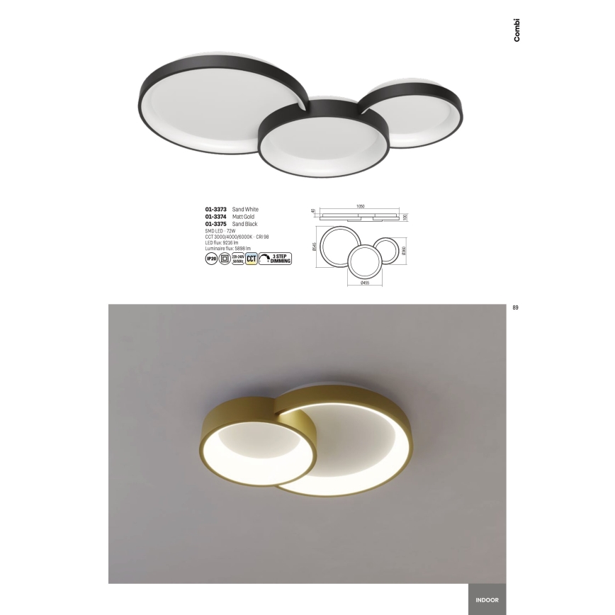 Redo 01-3375 - Plafoniera LED dimmerabile COMBI LED/72W/230V 3000/4000/6000K CRI98 nero