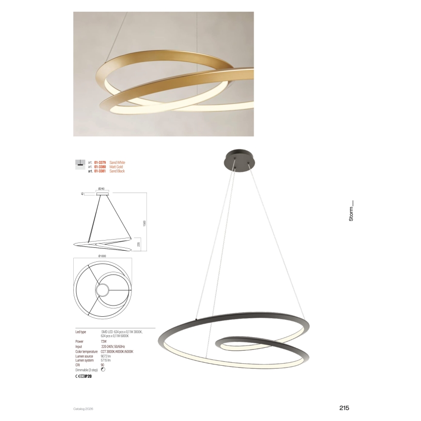 Redo 01-3377 - Lampada LED dimmerabile a sospensione su cavo STORM LED/60W/230V 3000/4000/6000K CRI 90 Ø 80 cm oro