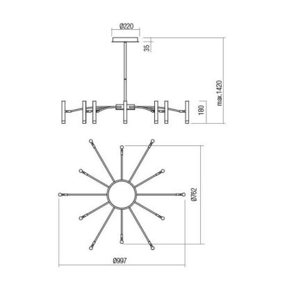 Redo 01-3448 - Lampadario dimmerabile LED su asta RAYEN LED/60W/230V CRI 90 oro