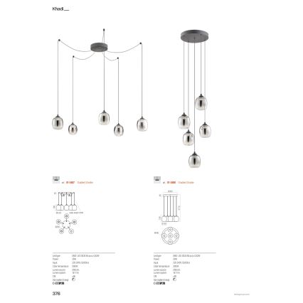 Redo 01-3487 - Lampadario dimmerabile su cavo KHADI 5xLED/5,2W/230V CRI 90 a ragno nero/fumé