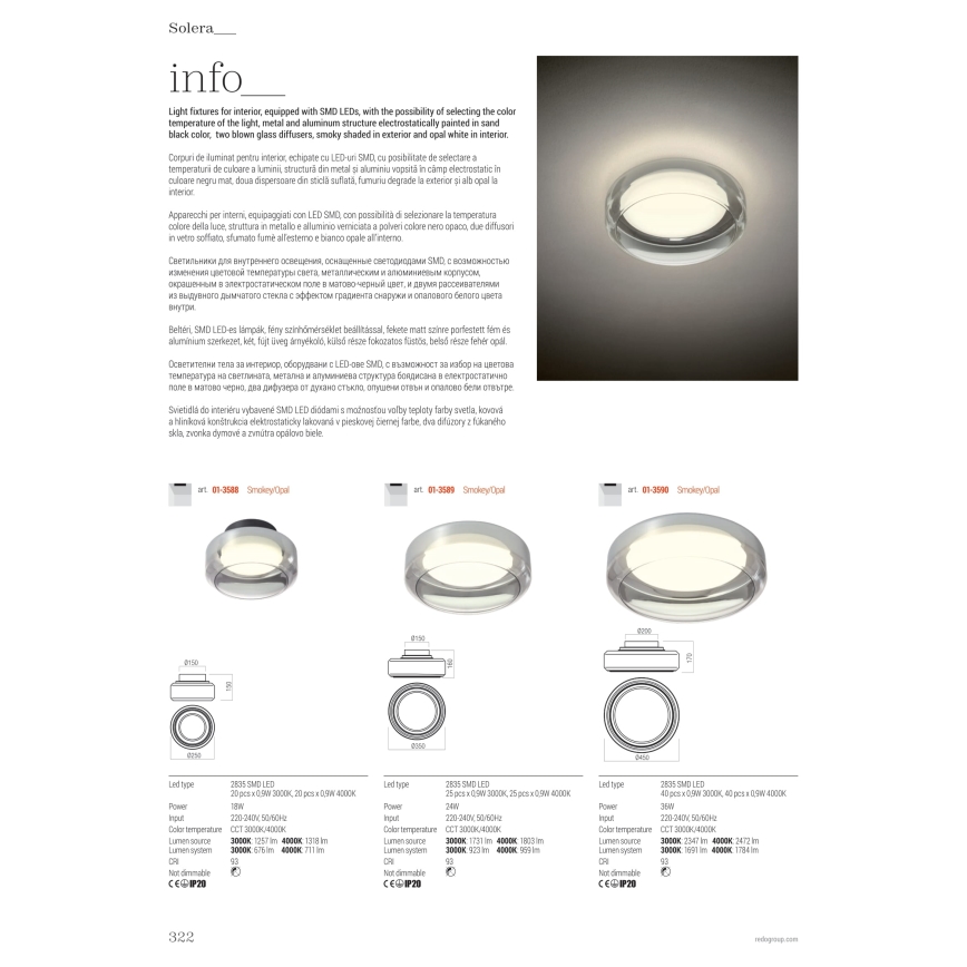 Redo 01-3590 - Plafoniera LED SOLERA LED/36W/230V diametro 45 cm CRI 93 3000/4000K grigio