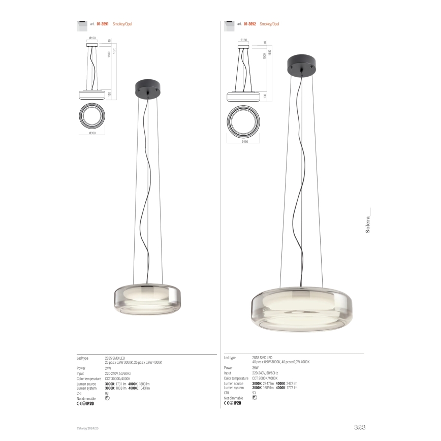 Redo 01-3592 - Lampadario LED a sospensione con filo SOLERA LED/36W/230V diametro 45 cm CRI 93 3000/4000K grigio