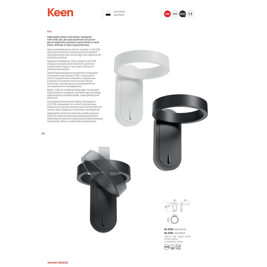 Redo 01-3764 - Applique a LED KEEN LED/6W/230V CRI 90 nero