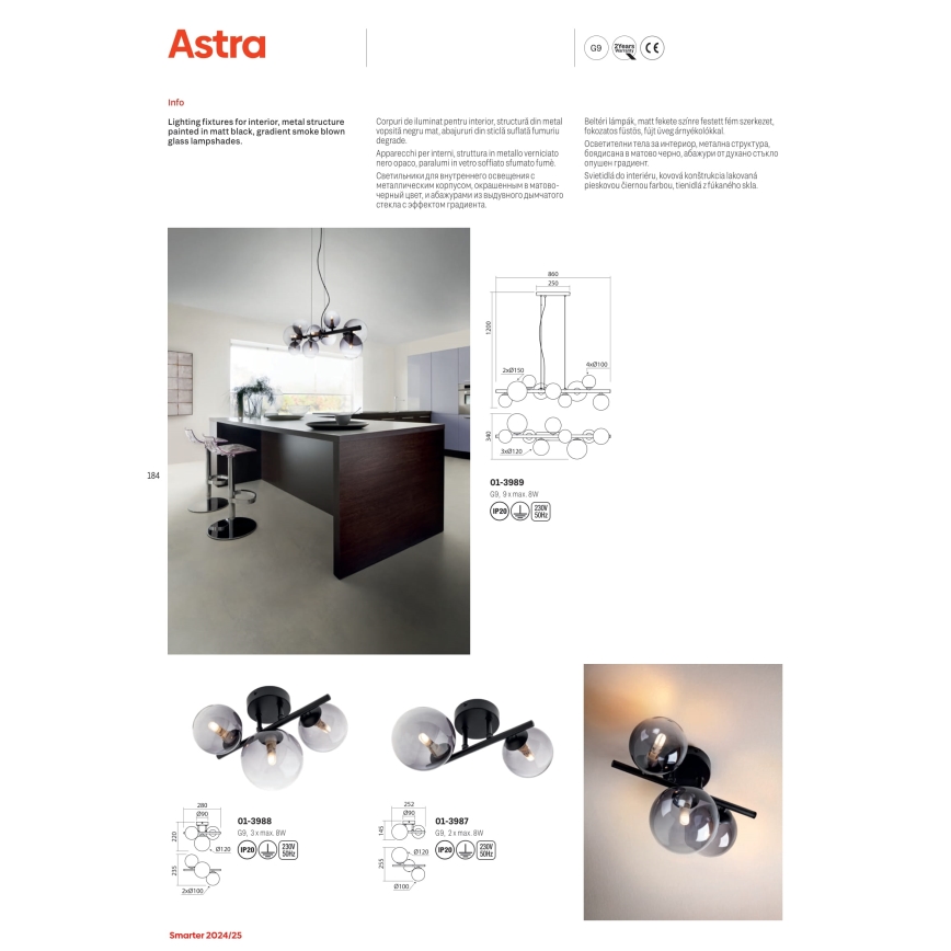 Redo 01-3989 - Lampadario a sospensione con filo ASTRA 9xG9/8W/230V nero