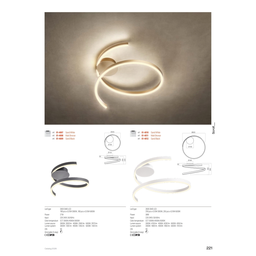 Redo 01-4010 - Plafoniera dimmerabile a LED SCROLL 38W/230V 3000K/4000K/6000K CRI 90 Ø 60 cm bianca