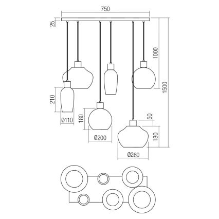 Redo 01-4047 - Lampadario a sospensione con filo ATLANTIS 6xE27/42W/230V nero