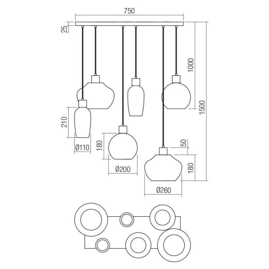 Redo 01-4047 - Lampadario a sospensione con filo ATLANTIS 6xE27/42W/230V nero