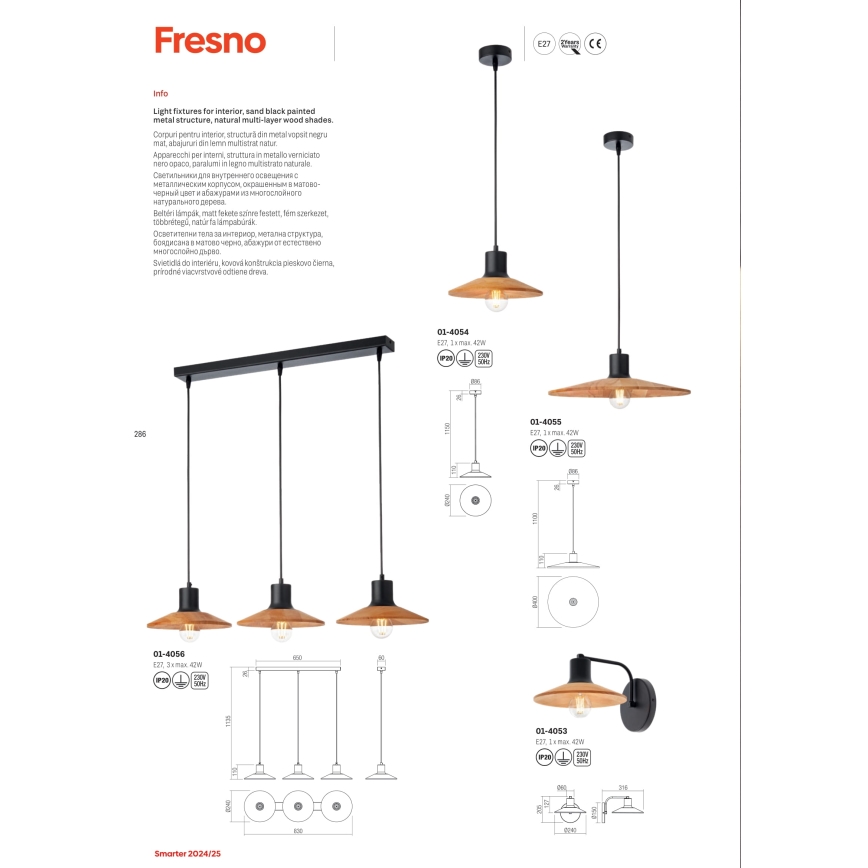 Redo 01-4056 - Lampadario a sospensione con filo FRESNO 3xE27/42W/230V