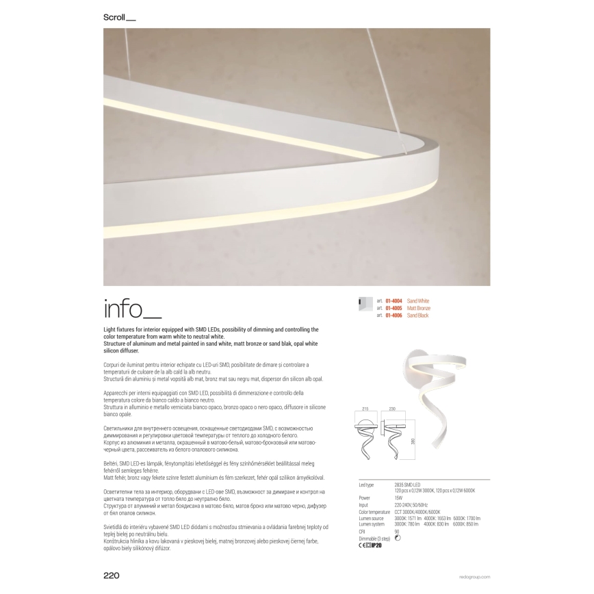 Redo 01-4281 - Lampada da terra dimmerabile a LED SCROLL LED/30W/230V 3000K/4000K/6000K CRI 90 bianca