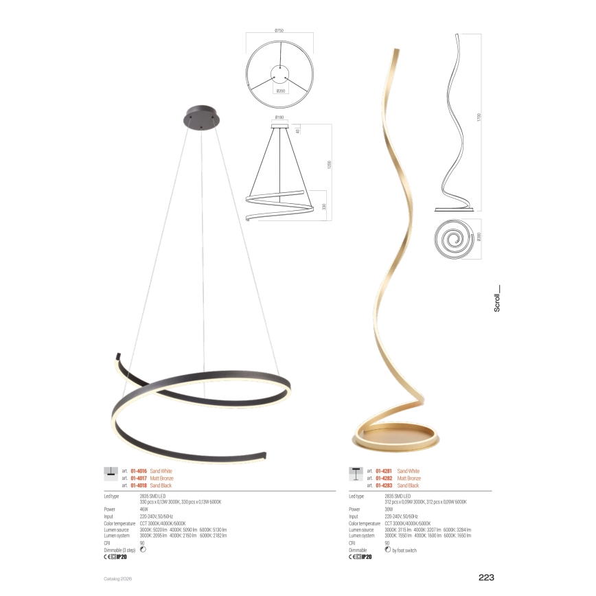 Redo 01-4282 - Lampada da terra a LED dimmerabile SCROLL LED/30W/230V 3000K/4000K/6000K CRI 90 dorata