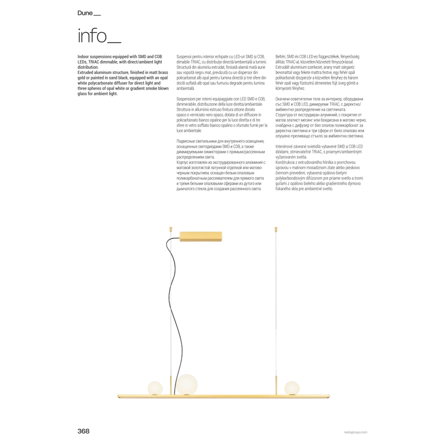 Redo 01-4301 - Lampada a sospensione dimmerabile su cavo DUNE LED/48W/230V 3000K CRI 90 bianco/oro