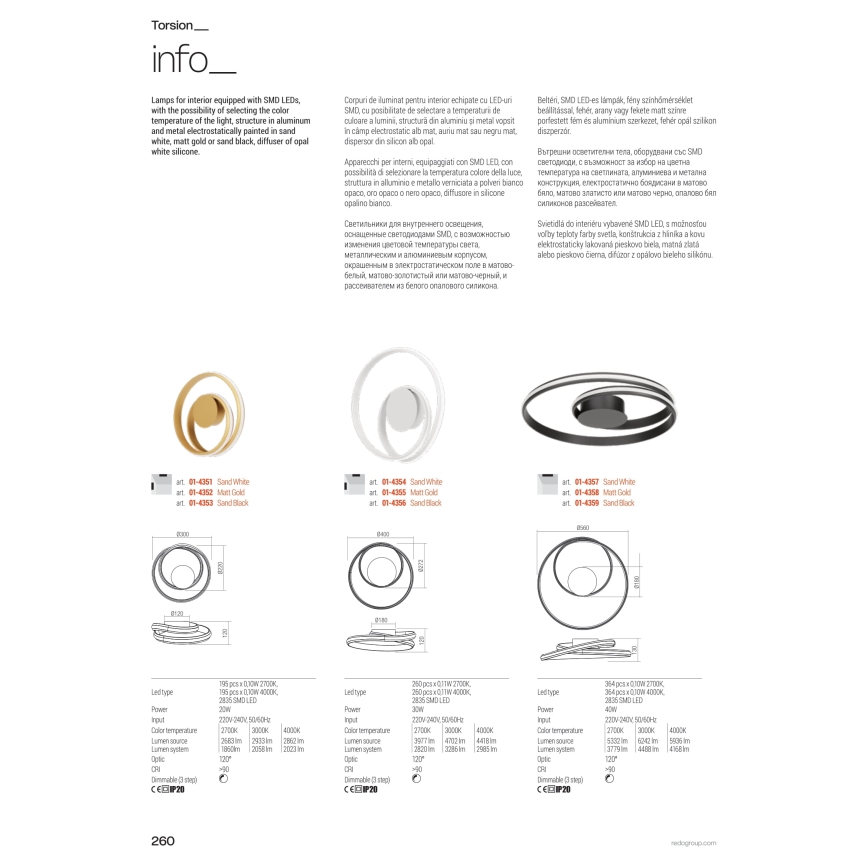 Redo 01-4355 - Applique LED dimmerabile TORSION LED/30W/230V 2700/3000/4000K CRI 90, finitura oro