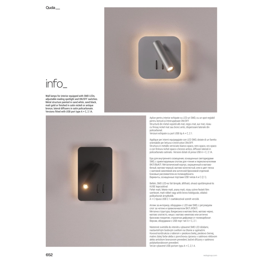 Redo 01-4473 - Applique da parete QUDA LED/6W/230V + LED/3W CRI 90 USB bronzo