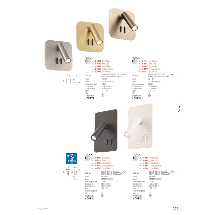 Redo 01-4473 - Applique da parete QUDA LED/6W/230V + LED/3W CRI 90 USB bronzo