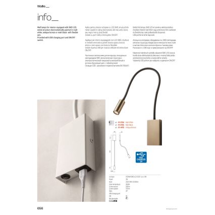 Redo 01-4475 - Lampada LED flessibile WALLIE LED/3W/230V CRI 90 USB bronzo