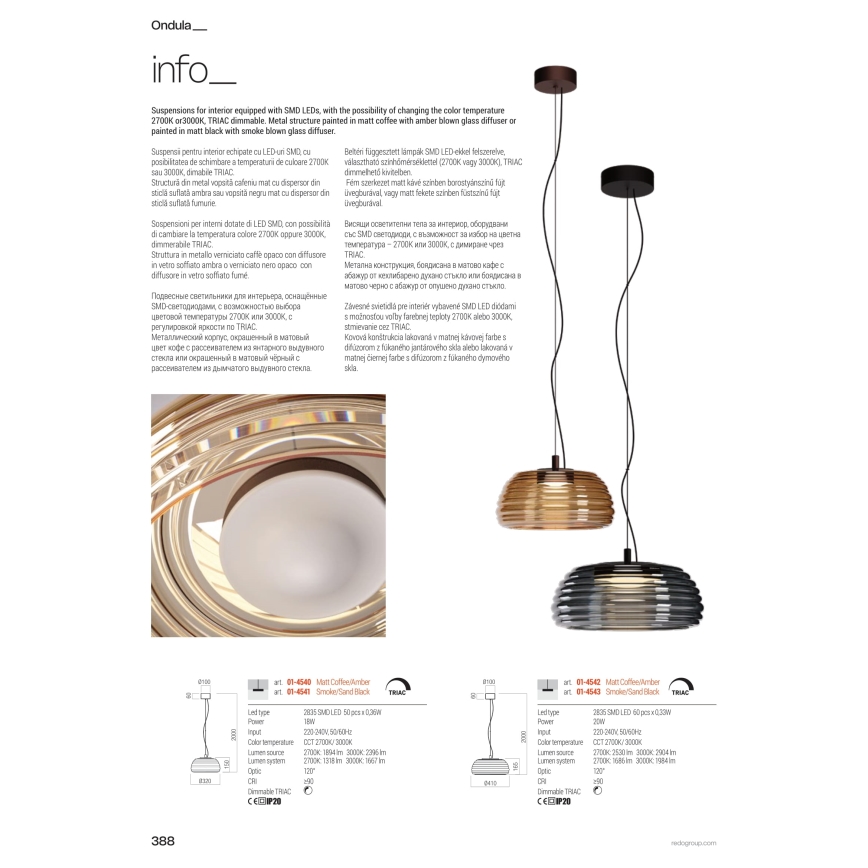 Redo 01-4540 - Lampadario a sospensione dimmerabile su cavo ONDULA LED/12W/230V 2700K/3000K CRI 90 Ø 32 cm beige/fumé