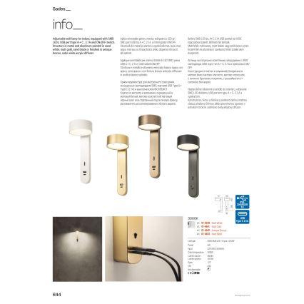 Redo 01-4641 - Applique da parete LED SADES LED/6W/230V CRI 90 USB oro