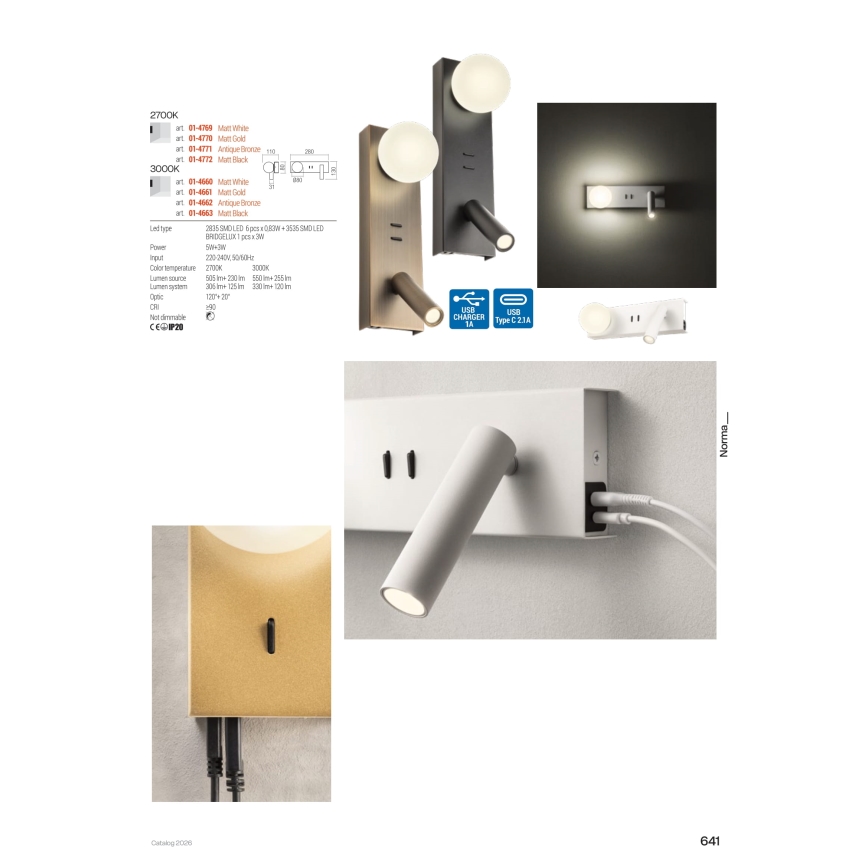 Redo 01-4660 - Applique da parete LED NORMA LED/5W/230V + LED/3W CRI 90 USB bianca