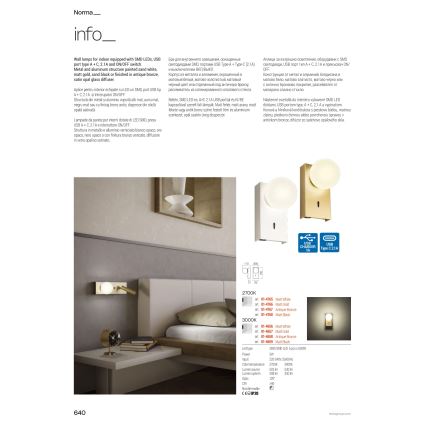 Redo 01-4661 - Applique LED NORMA LED/5W/230V + LED/3W CRI 90 USB bianco/oro