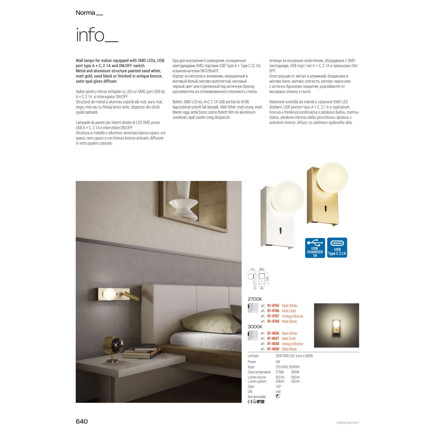 Redo 01-4661 - Applique LED NORMA LED/5W/230V + LED/3W CRI 90 USB bianco/oro