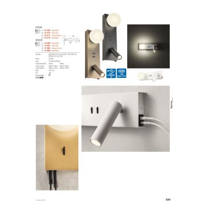 Redo 01-4662 - Applique da parete a LED NORMA LED/5W/230V + LED/3W CRI 90 USB bianco/bronzo