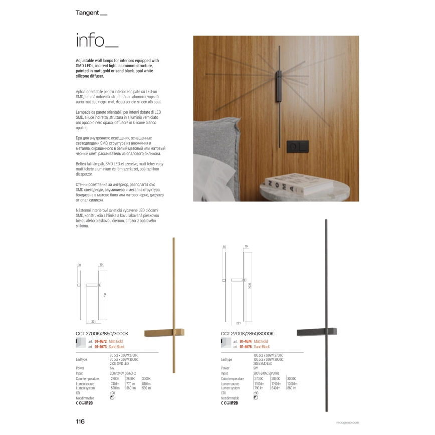 Redo 01-4675 - Lampada da parete LED TANGENT LED/9W/230V 2700/2850/3000K 73 cm CRI 90 nero