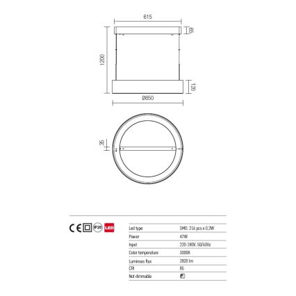 Redo 01-924 - Lampadario LED a sospensione con filo BOND LED/47W/230V 3000K grigio