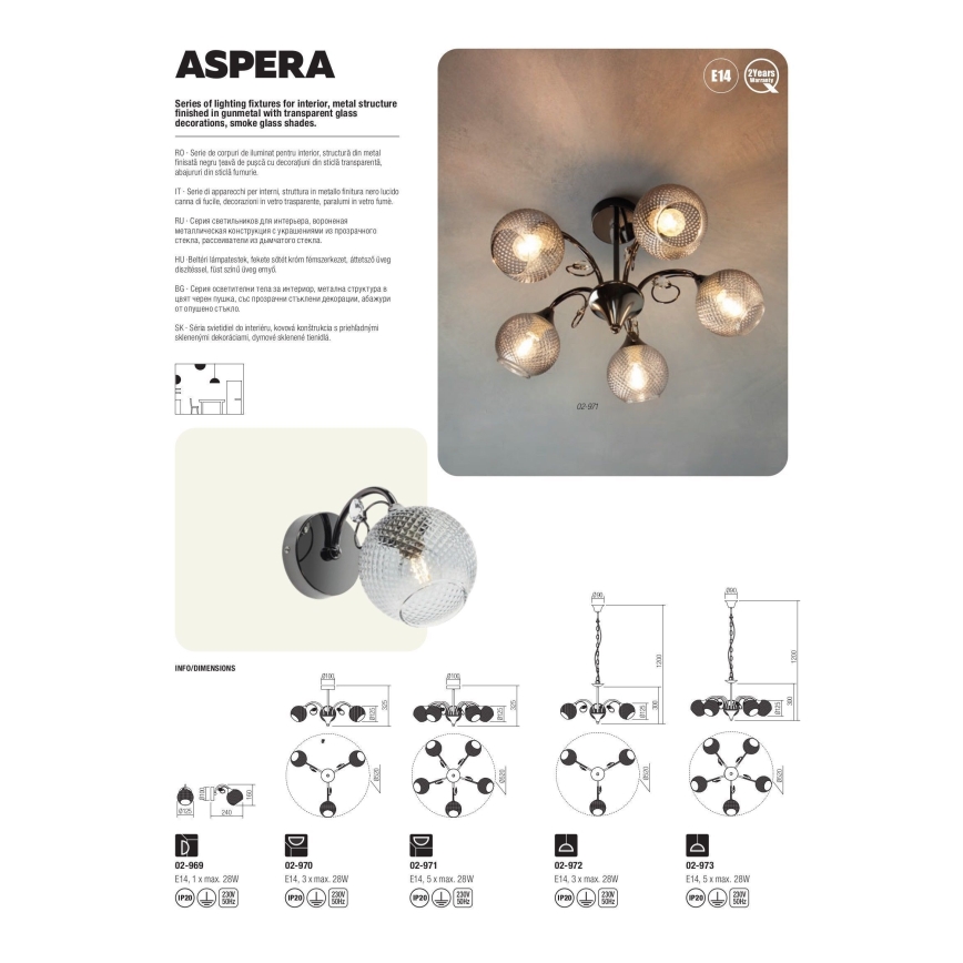 Redo 02-971 - Lampadario a sospensione con supporto rigido ASPERA 5xE14/28W/230V nero