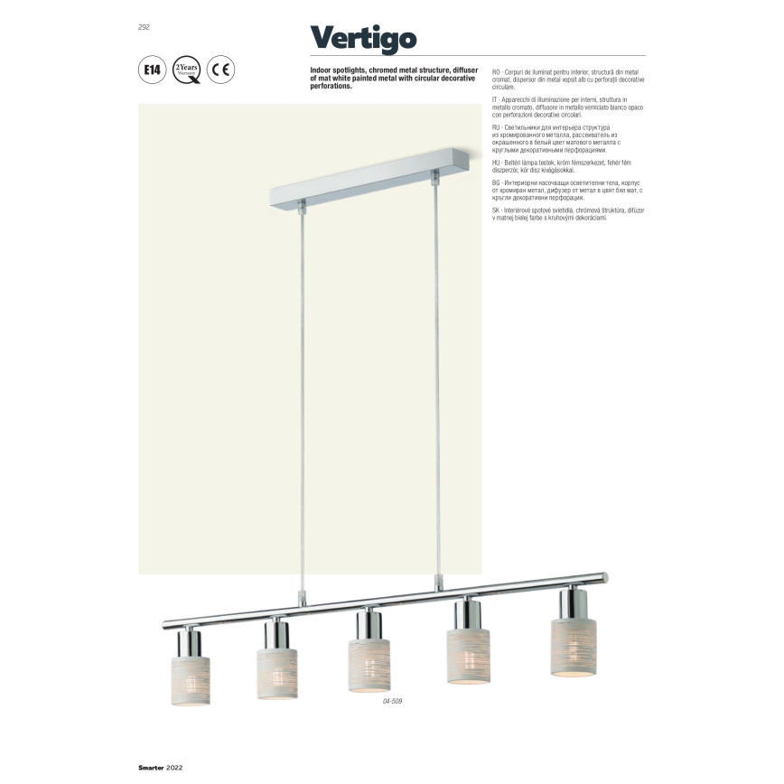 Redo 04-509 - Lampadario sospeso a cavo VERTIGO 5xE14/28W/230V cromo lucido/bianco