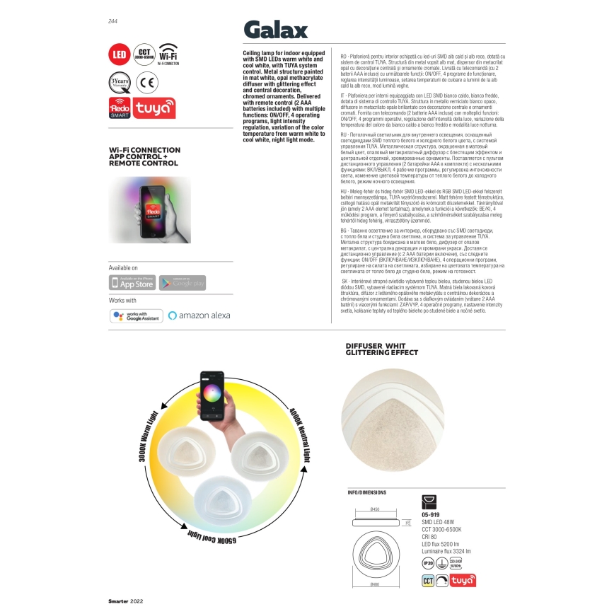 Redo 05-919 - Plafoniera dimmerabile a LED GALAX LED/48W/230V 3000-6500K Wi-Fi Tuya Ø 48 cm bianca + telecomando